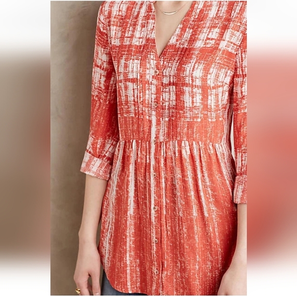Anthropologie Maeve Calia Tunic Button Up Blouse Orange and White 10 - Picture 14 of 16